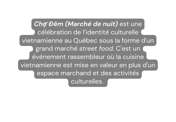 Chợ Đêm Marché de nuit est une célébration de l identité culturelle vietnamienne au Québec sous la forme d un grand marché street food C est un événement rassembleur où la cuisine vietnamienne est mise en valeur en plus d un espace marchand et des activités culturelles