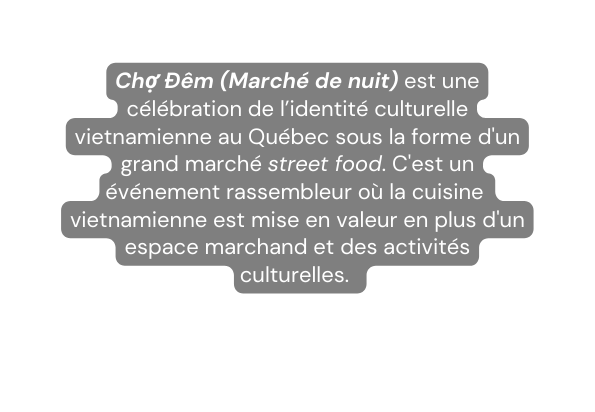 Chợ Đêm Marché de nuit est une célébration de l identité culturelle vietnamienne au Québec sous la forme d un grand marché street food C est un événement rassembleur où la cuisine vietnamienne est mise en valeur en plus d un espace marchand et des activités culturelles